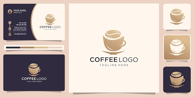 Elegante koffie logo ontwerpsjabloon en visitekaartje. gouden kleur, koffiemok, creatieve beker.