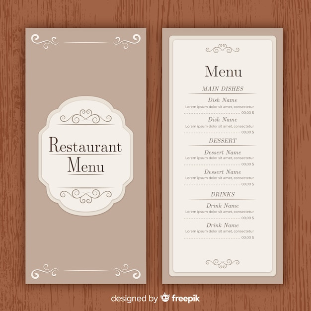 Gratis vector elegante restaurant menusjabloon met vintage ornamenten