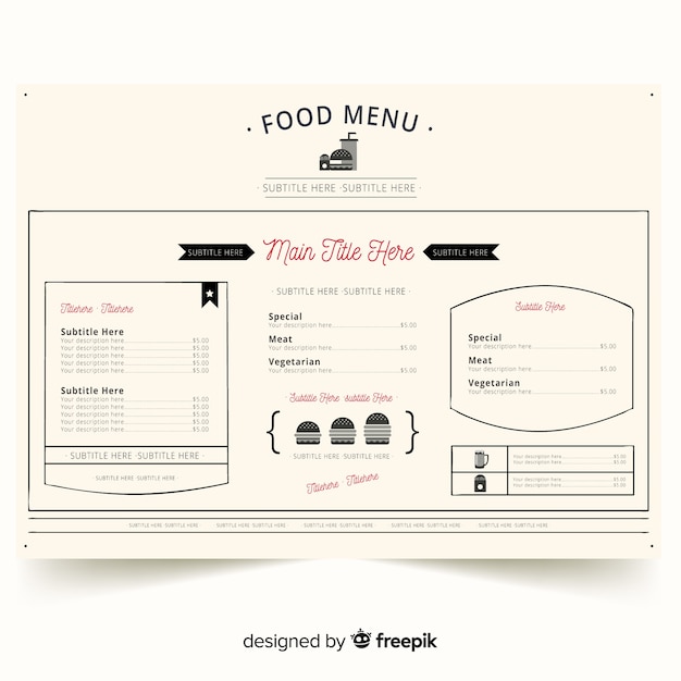 Gratis vector elegante restaurant menusjabloon met vintage typografie