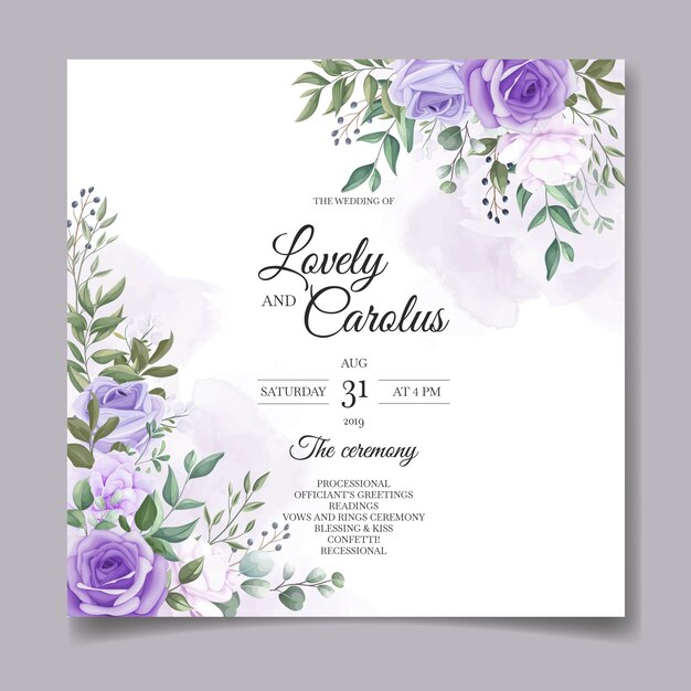 Elegante set bruiloft uitnodigingskaarten met prachtige paarse bloemen