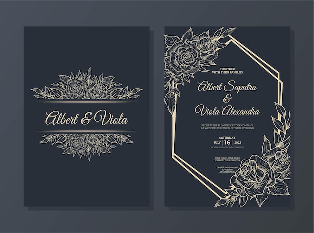 Elegante sjabloon voor huwelijksuitnodigingen met omtrekbloemdecoratie