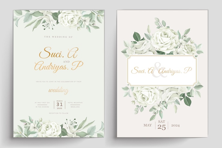 Gratis Vector elegante witte rozen uitnodigingskaartenset