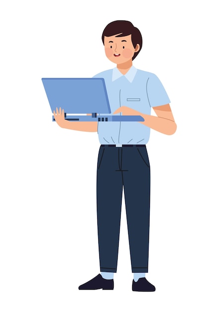 Gratis vector elegante zakenman die laptopkarakter gebruikt