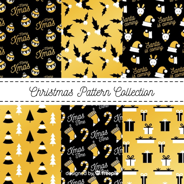 Gratis vector elegante zwarte en gouden kerst patroon collectie