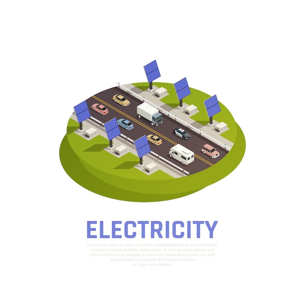 Elektriciteit concept met zonne-batterijen auto's en snelweg isometrisch