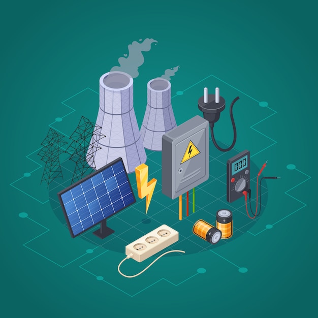 Elektriciteit isometrische samenstelling met stroom en energiesymbolen vectorillustratie