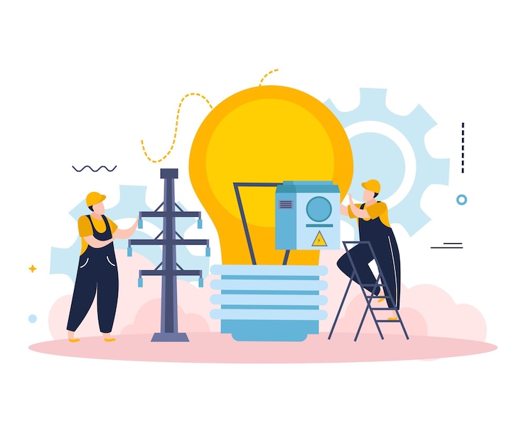 Gratis Vector elektriciteits- en verlichtingssamenstelling met karakters van elektriciens met hoogspanningsuitrusting en lamp