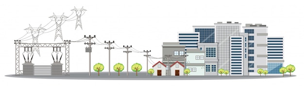 Gratis vector elektriciteitspolen en gebouwen in stad