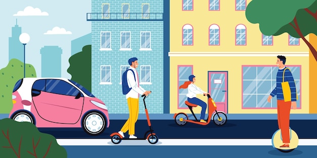 Gratis vector elektrisch eco transport plat concept met mensen rijden scooter monowheel fiets vectorillustratie