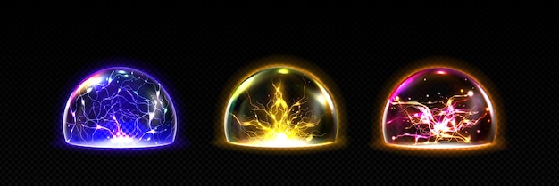 Gratis vector elektrisch licht energie-effect bal koepel en donder vector bliksem en magische bout macht bol 3d-realistische neon ontlading element abstracte plasma storm explosie boven beschermen schild in zeepbel