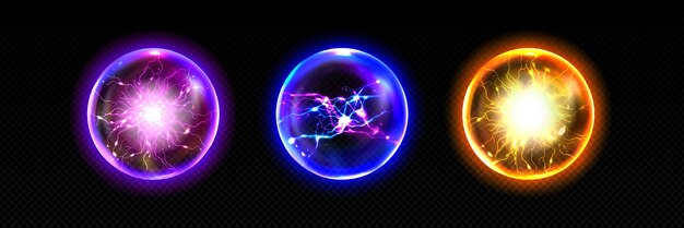 Elektrische bliksembal met donderenergie vector effect Magische cirkel bol met plasma verlichting vonk 3d realistisch geel blauw en paars ontploffing lading bol element Neon ontlading schok