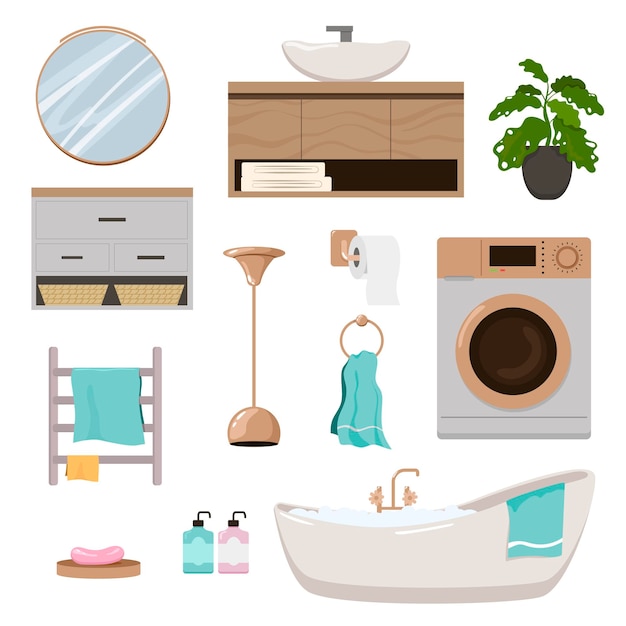 Gratis vector elementen van meubels voor thuis badkamer set. illustraties van decoraties en toiletuitrusting