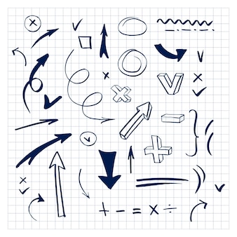 Elementen voor ontwerp. set doodle tekens en symbolen. verzameling van pijlen en leestekens. hand getekend vectorillustratie. Premium Vector