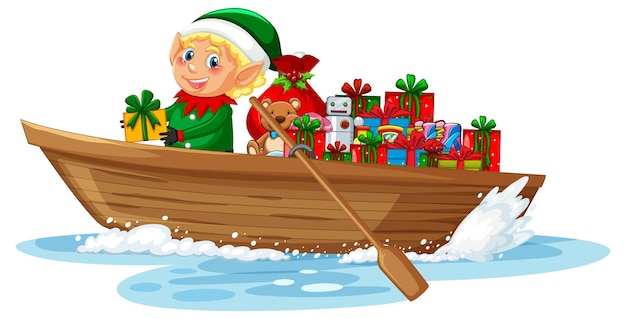 Elf op roeiboot met veel geschenkdozen