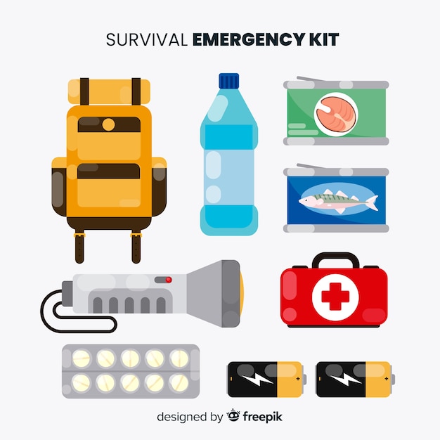 Emergency survival kit in vlakke stijl