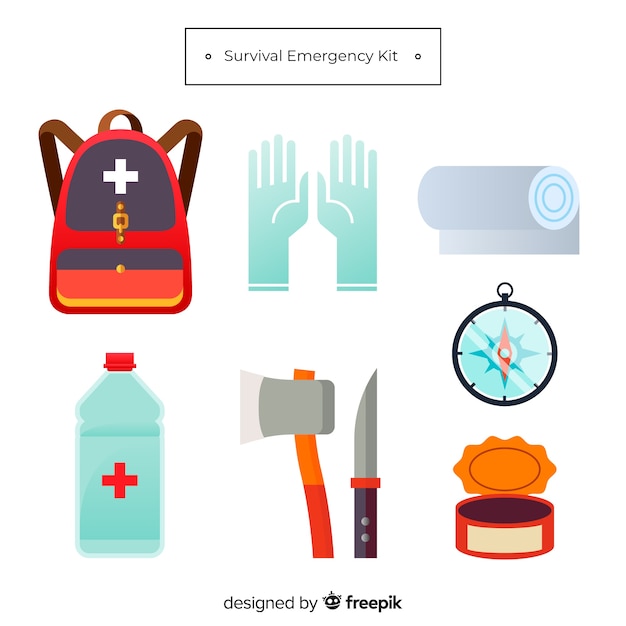 Gratis vector emergency survival kit in vlakke stijl