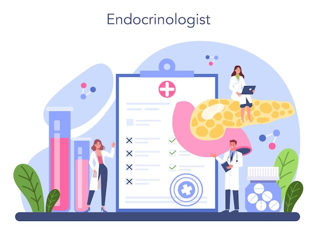 Endocrinoloog concept Schildklieronderzoek Arts onderzoeken hormoon en glucose Idee van gezondheid en medische behandeling Geïsoleerde platte vectorillustratie