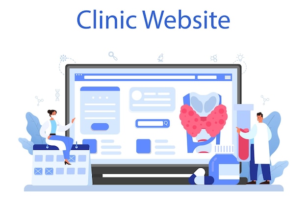 Endocrinoloog online service of platform schildklieronderzoek dokter onderzoekt hormoon en glucose kliniekwebsite platte vectorillustratie