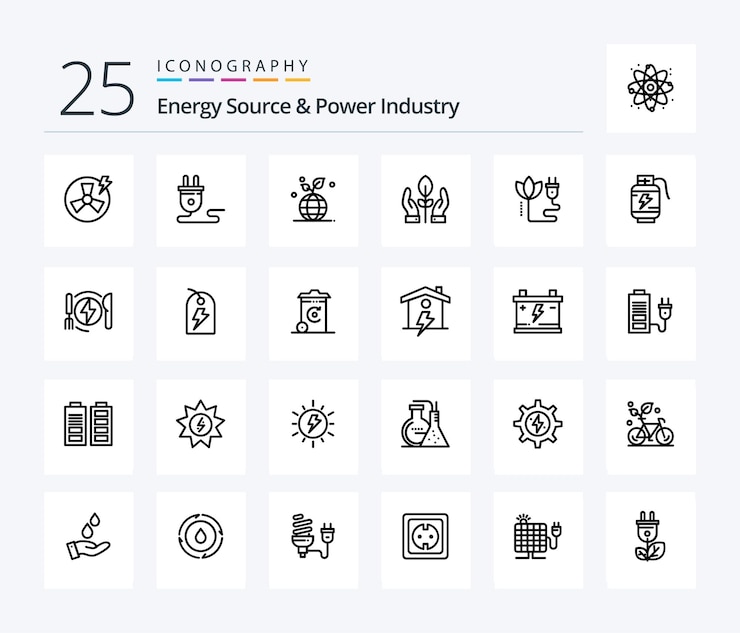 Gratis Vector energy source and power industry 25 line icon pack inclusief biomassa handplant globe