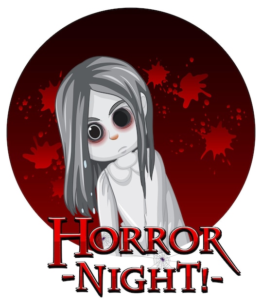 Gratis vector eng spookmeisje met horrornacht-logo