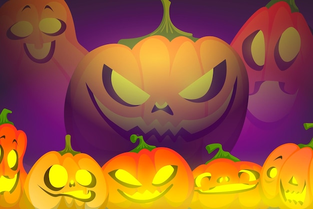 Gratis vector enge halloween-achtergrond met pompoenenlantaarns