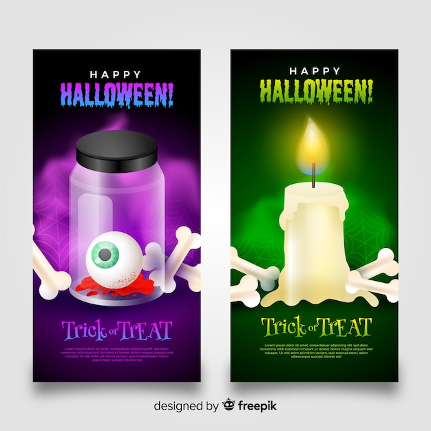 Gratis vector enge halloween-banners met beenderen