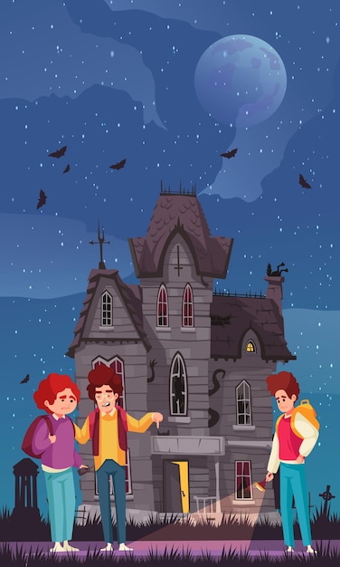 Enge huis cartoon poster met tieners voor spookachtig gebouw vectorillustratie