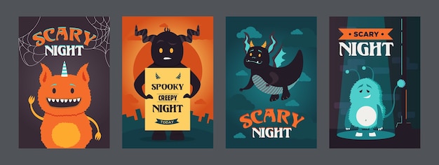 Enge nachtaffiches ontwerpen met grappige monsters. levendige heldere brochure voor spookachtig feest. halloween en vakantieconcept. sjabloon voor reclamefolder of flyer