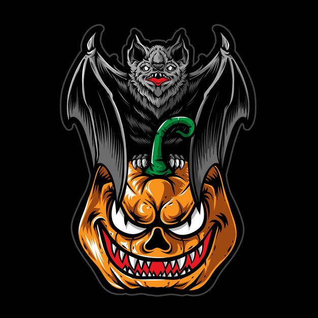 Enge vleermuis met pompoen halloween vector