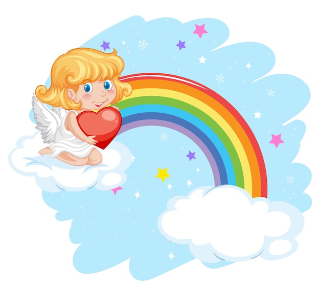 Engel meisje zittend op wolk met regenboog