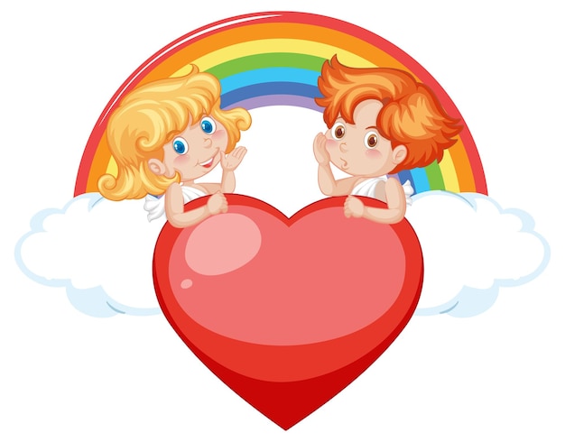 Gratis vector engelenjongen en -meisje op rood hart met regenboog