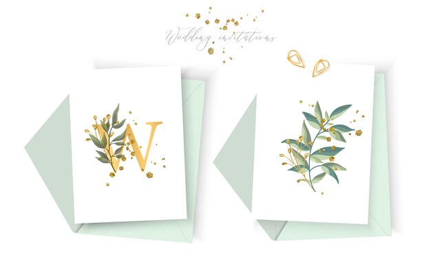 Envelop van de de uitnodigingskaart van de huwelijks bloeit de bloemen gouden bewaart het ontwerp van het datumminimalisme met groene tropische bladkruiden en goud ploetert. Botanische elegante decoratieve vector sjabloon aquarel stijl