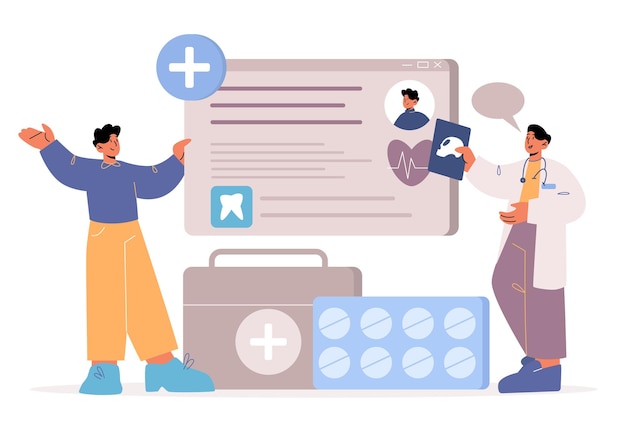 EPD-technologie Elektronisch medisch dossier concept Patiënt en arts tekens op online onderzoek bespreking van testresultaten gezondheidszorg service cartoon platte vectorillustratie