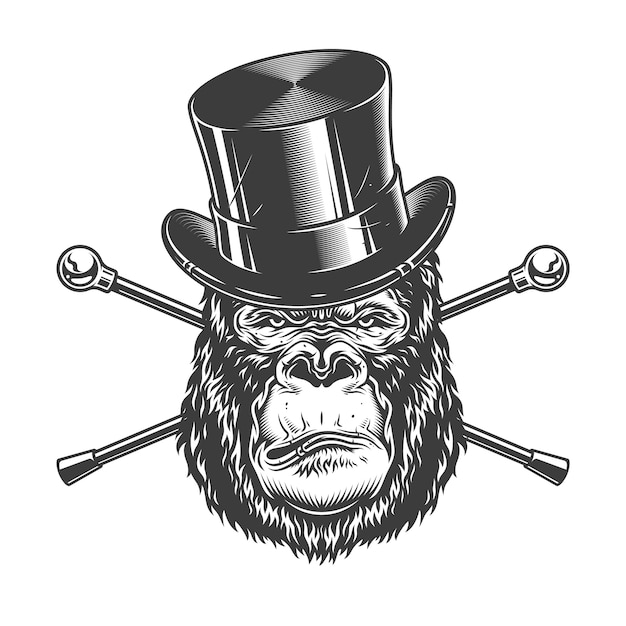 Gratis vector ernstige gorilla hoofd in cilinderhoed