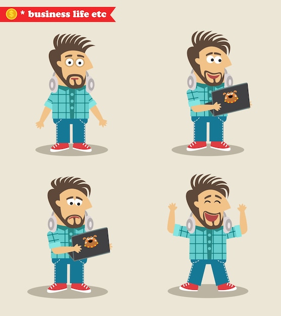 Gratis vector ervaren it-guy-emoties in poses, staande set