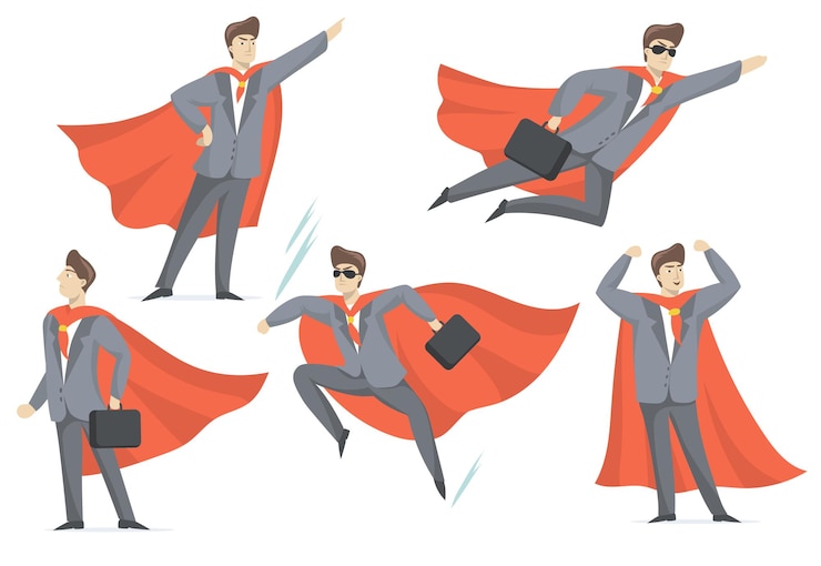 Gratis Vector ervaren zakenman in superheld kostuum platte set voor webdesign.