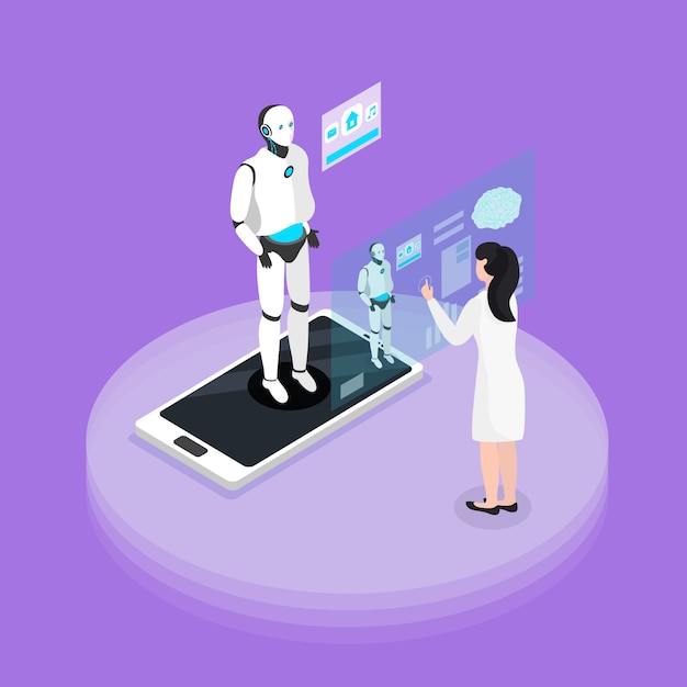 Ervaring van menselijke robotinteractie met programmeerbare platform isometrische achtergrondsamenstelling met humanoïde op smartphonescherm