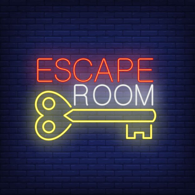 Escape room neon teken. Uitstekende sleutel en tekst op bakstenen muur. Gloeiende banner of billboard elementen.