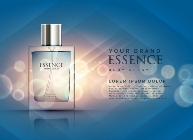 essentie parfum advertenties concept met doorzichtige fles en bokeh lichte achtergrond
