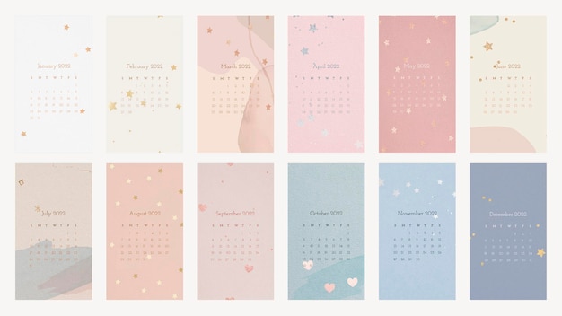 Gratis vector esthetische 2022 maandelijkse kalendersjabloon, iphone wallpaper vector set