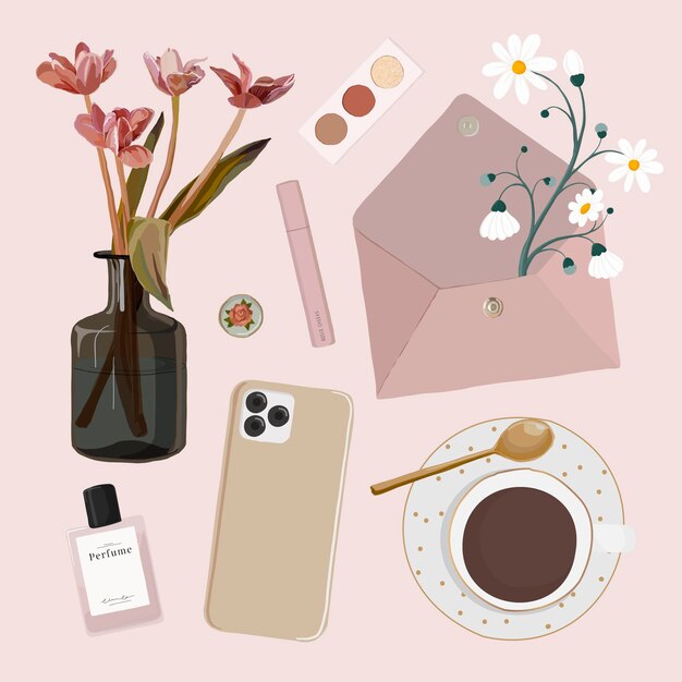 Esthetische influencer lifestyle sticker, vrouwelijke illustratie vector collectie