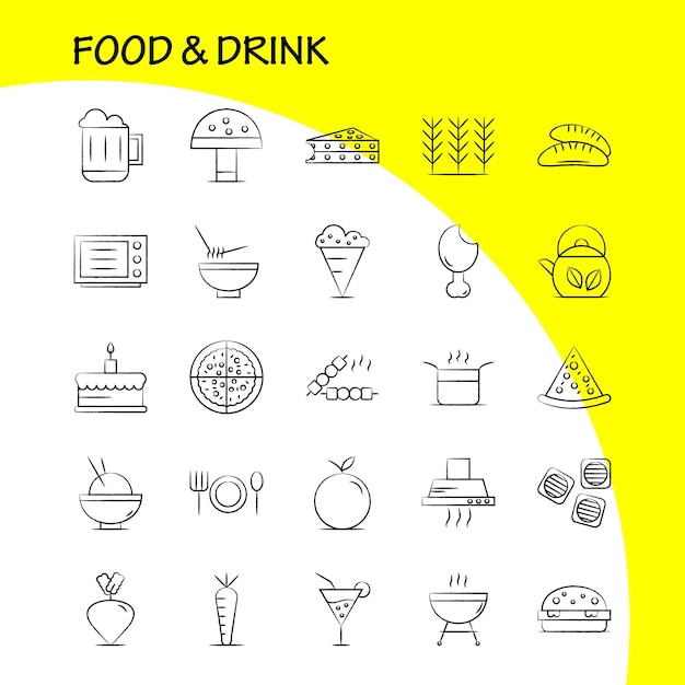 Eten en drinken handgetekende pictogrammen instellen voor infographics mobiele uxui kit en printontwerp inclusief voedsel restaurant diner granen voedsel tarwe bbq vlees icon set vector