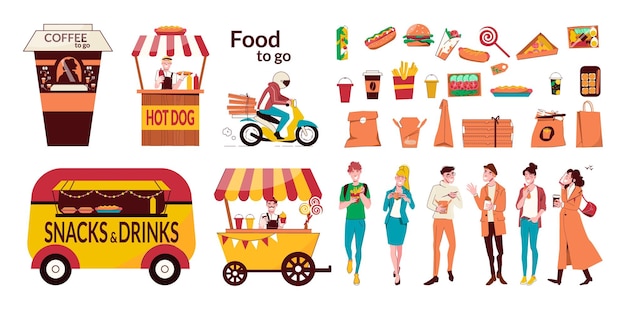 Gratis vector eten om platte set snacks en drankjes vrachtwagen en ijskar hotdog straatwinkel geïsoleerde vectorillustratie te gaan