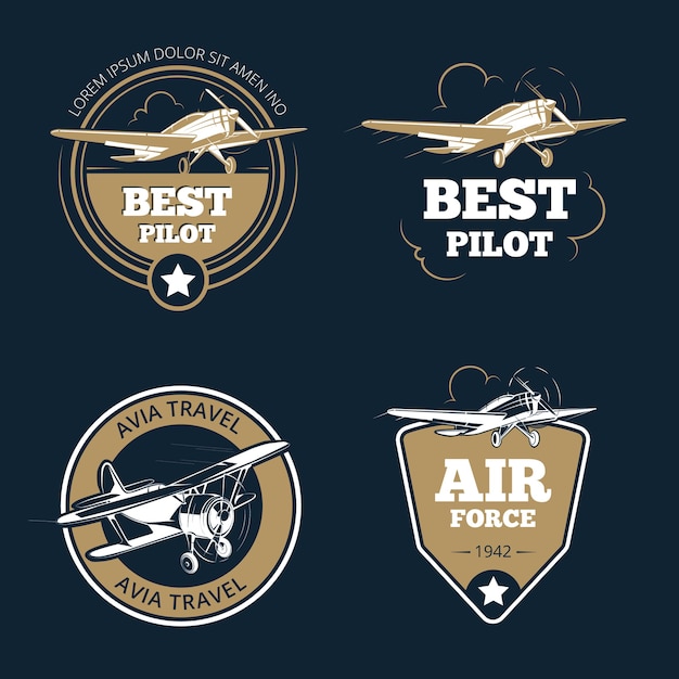 Gratis vector etiketten voor vliegtuigen en luchtvervoer. luchttoerisme vector emblemen. embleem vliegtuigen, vlucht label avontuur illustratie