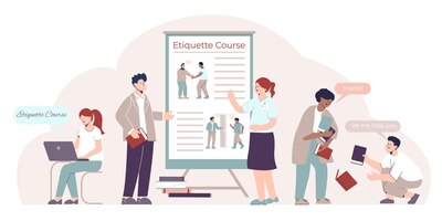 Etiquette cursus vlakke compositie met vrouwelijke persoon die gedragsregels in de samenleving leert met behulp van poster vectorillustratie