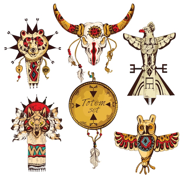 Gratis vector etnische amerikaanse stammen dier totems gekleurde schets decoratieve elementen instellen geïsoleerde vector illustratie