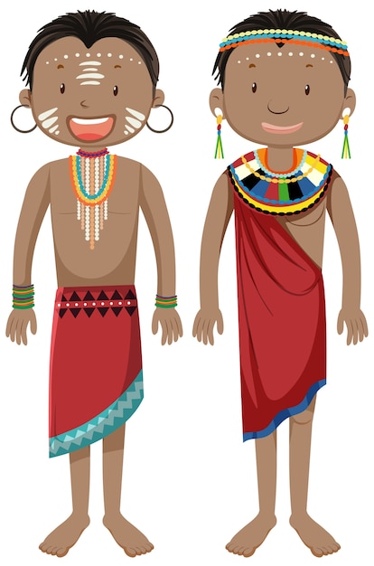 Gratis vector etnische mensen van afrikaanse stammen in stripfiguur in traditionele kleding