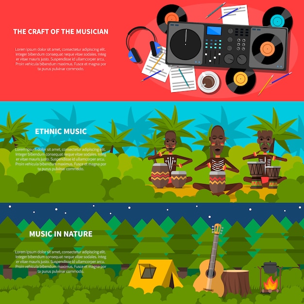 Gratis vector etnische muziek platte horizontale banners instellen