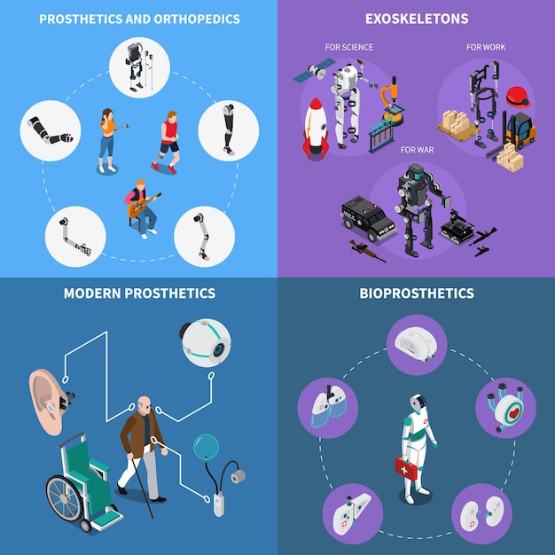 Gratis vector exoskelet bionische protheses concept iconen set