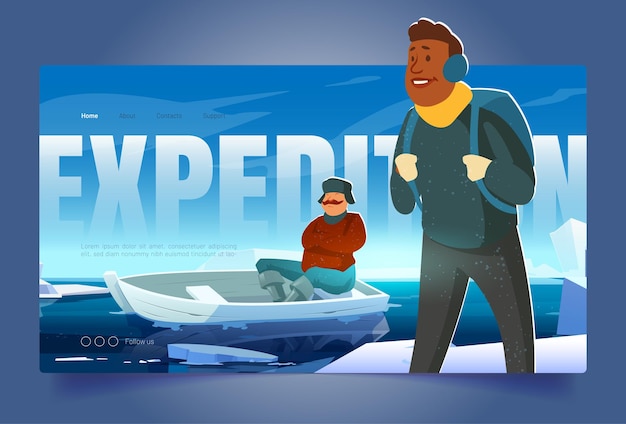 Gratis vector expeditiebanner met mensen op gletsjer in noordpoolgebied